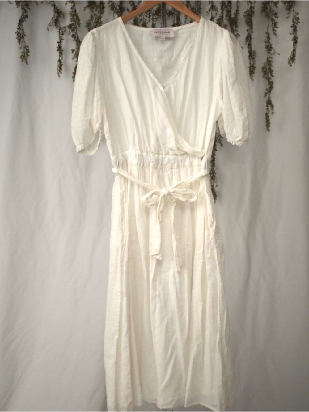 JessaKae XL Cotton White Faux Wrap Midi Dress with Elastic & Tie Waist